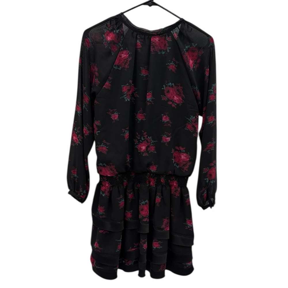 Sam Edelman Floral Chiffon Tiered Mini Dress Black Pink Womens Medium - Picture 7 of 9